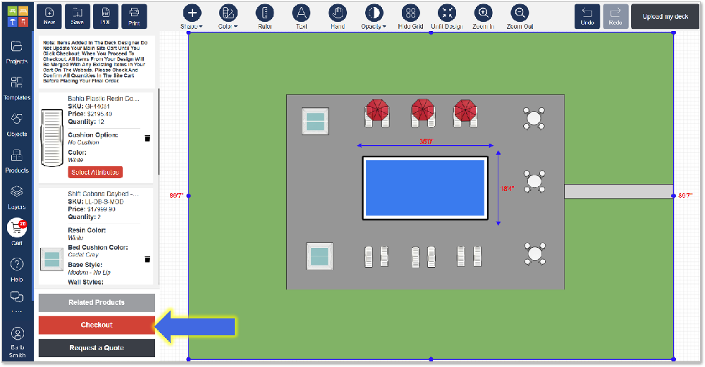 A built-in product summary panel shows selected items, quantities, pricing, and checkout options directly from the design interface.